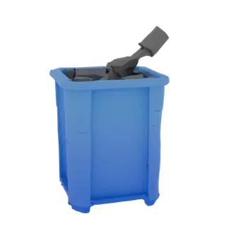 3D-Modell eines blauen Bohrerbehälters mit grauem Inhalt, Vorderansicht