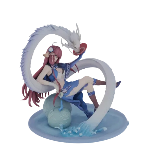 3D model of an elegant woman in blue attire dancing with a white dragon, set on a water-themed base.
