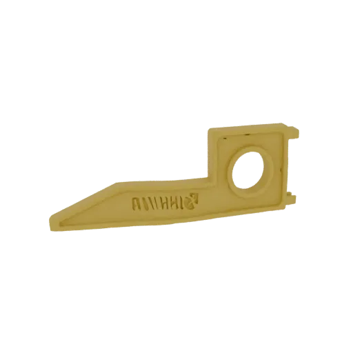 3D render of a yellow industrial bracket with a long angled arm and a circular opening, featuring embossed text.