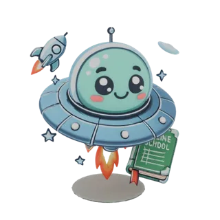 Modèle 3D d'un alien mignon et souriant dans une soucoupe volante, avec une petite fusée et un livre 'École en Ligne'.