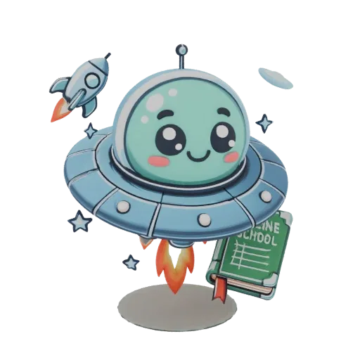 Modelo 3D de un alienígena tierno y sonriente en un platillo volante, con un pequeño cohete despegando y un libro etiquetado