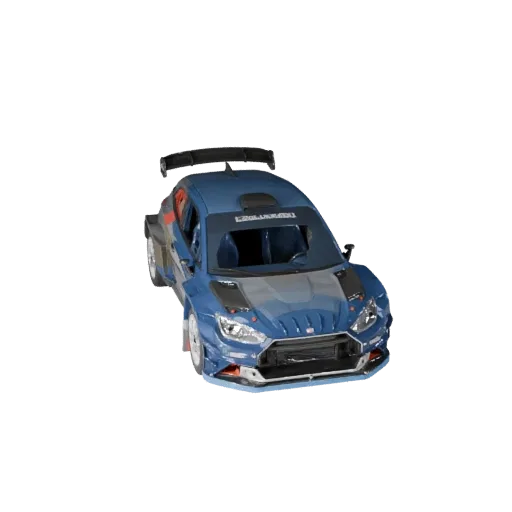 Rallyeauto 3D-Modell, Dreiviertel-Studioansicht, Blender-bereites Fahrzeug-Asset mit Karosserielinien, Verglasung, Radstand u