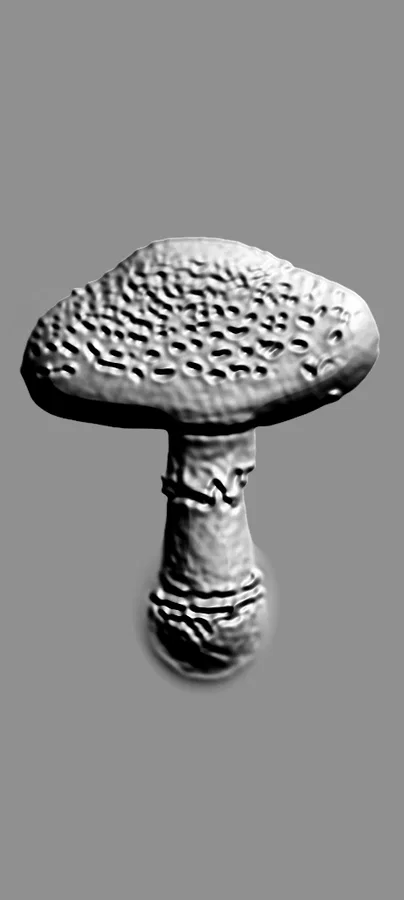 3D-Modell eines strukturierten Pilzes mit gemustertem Hut im monochromen Stil.