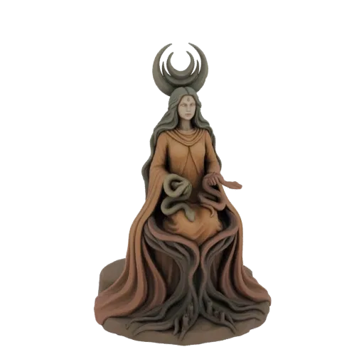 Modello 3D di una mistica dea con un copricapo a luna crescente, che tiene serpenti, con radici alla base.