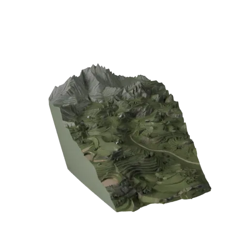 Alpine Valley Biome High Poly 3D model, close-up cinematic environment render, showing terrain layers, terrain detail.