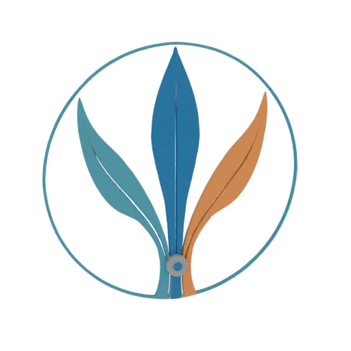 Rendu 3D d'un emblème abstrait avec trois feuilles stylisées (bleu, sarcelle, orange) dans un cadre circulaire, avec une peti