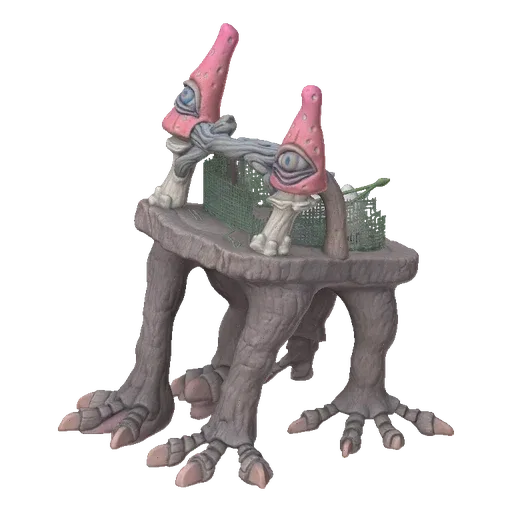 3D model of a surreal structure with mushroom towers featuring eyes, supported by clawed legs, against a black background.