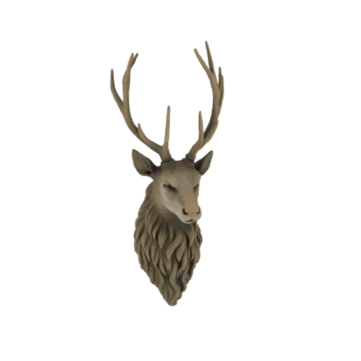 A 3D render of a majestic stag head with large antlers and a textured mane, presented as a wall mount.