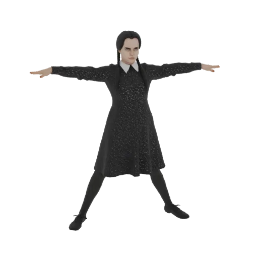 3D model of Wednesday Addams in a black dress with braided hair, standing in a T-pose against a black background.