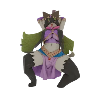 3D model of a furry character with black and white fur, wearing a purple and green outfit with gold accents, striking a dynam