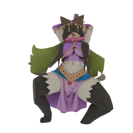 3D model of a furry character with black and white fur, wearing a purple and green outfit with gold accents, striking a dynam
