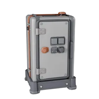 Moderner Schalterkasten High Poly 3D-Modell, Nahaufnahme Studio-Render, zeigt Metallscharniere, klare Interaktionsmöglichkeit