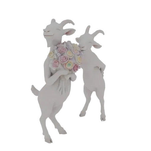 Modelo 3D de dos cabras blancas, una sosteniendo un ramo de rosas pastel, con una estética romántica y fantasiosa.