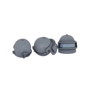 Three distinct futuristic helmets rendered in a neutral gray material, displayed side-by-side against a black background.