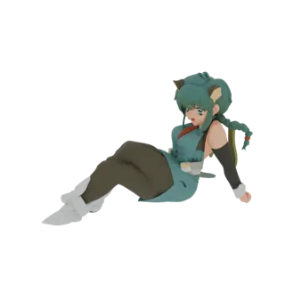 Modèle 3D de fille chat style anime avec cheveux bleu sarcelle et oreilles de chat, assise dans une pose décontractée avec le