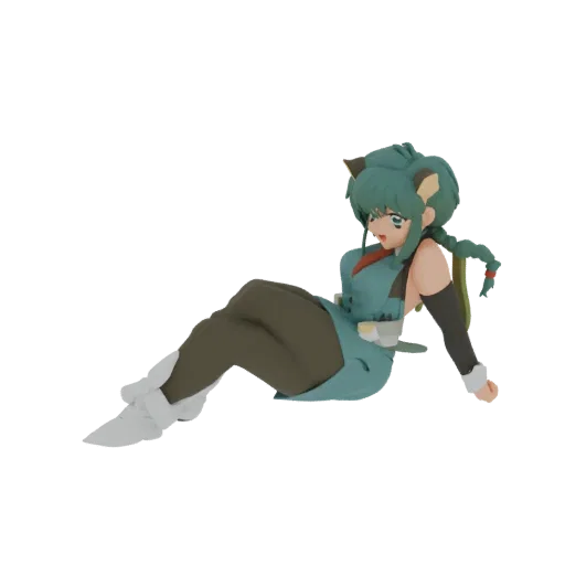 3D-Modell eines Anime-Katzenmädchens mit petrolfarbenem Haar und Katzenohren, sitzend in entspannter Pose mit dunklen Legging
