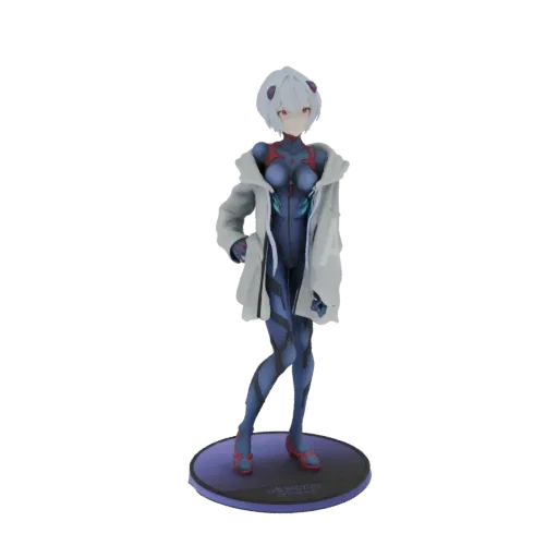 3D model of Rei Ayanami from Neon Genesis Evangelion, wearing a blue plugsuit and a grey jacket, standing on a circular base.
