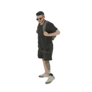 Modelo 3D de um jovem com perna protética, usando mochila e óculos de sol, em pé casualmente.