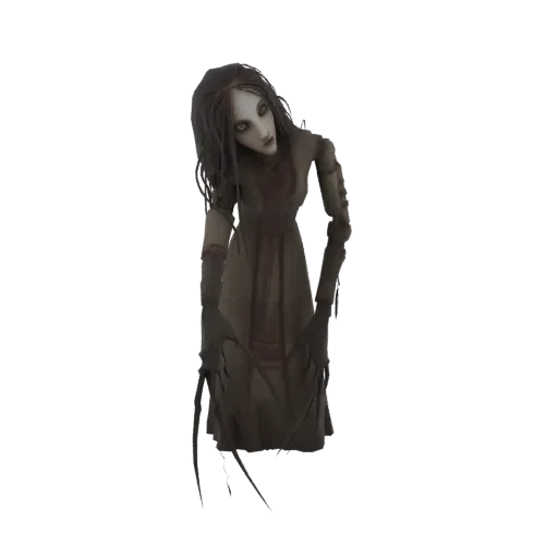 3D model of a creepy doll with long dark hair, pale face, tattered dress, and sharp claws, rendered on a white background.