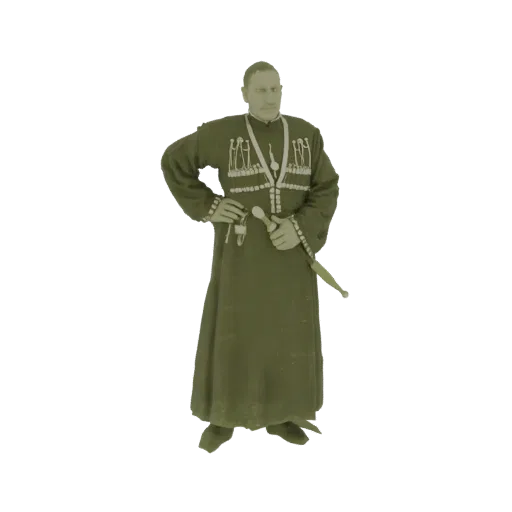3D model of a Caucasian man in traditional attire, holding a sword, with a dignified stance.