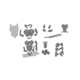 Rendering 3D di un set modulare di armatura sci-fi, che mostra componenti separati per petto, spalle, gambe ed elmo con panne