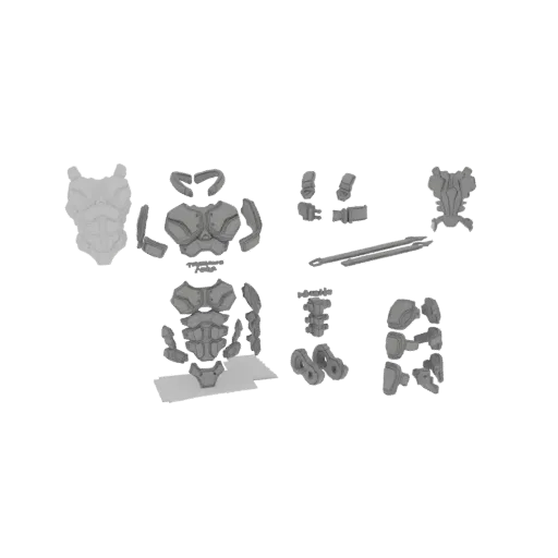 Rendering 3D di un set modulare di armatura sci-fi, che mostra componenti separati per petto, spalle, gambe ed elmo con panne