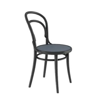 A 3D model of a classic Thonet-style bentwood chair with a dark seat and curved wooden frame, presented on a black background