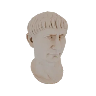 Rendu 3D d'un buste d'empereur romain avec des cheveux courts et bouclés et une expression sévère, inspiré de Trajan.