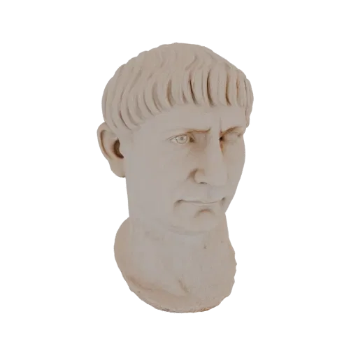 Renderização de modelo 3D de um busto de Imperador Romano com cabelo curto e cacheado e expressão severa, inspirado em Trajan