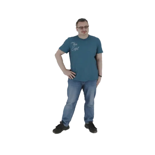 3D model of a man wearing a teal t-shirt and blue jeans, standing with hands on hips, against a white background.