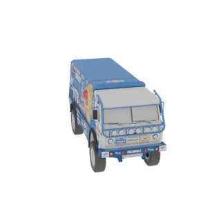 3D model of a blue Dakar Rally truck with white accents and sponsor decals, viewed from a front-quarter angle.