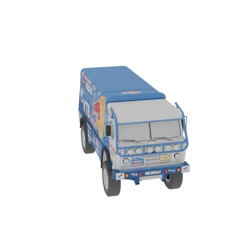 3D model of a blue Dakar Rally truck with white accents and sponsor decals, viewed from a front-quarter angle.