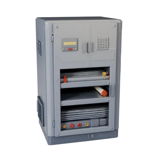 Inspection Control Cabinet Low Poly 3D model, game viewport three-quarter view, showing painted steel, machine stations.