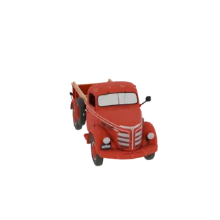Modèle 3D de camionnette rouge vintage avec benne en bois, vu sous un léger angle avant droit.