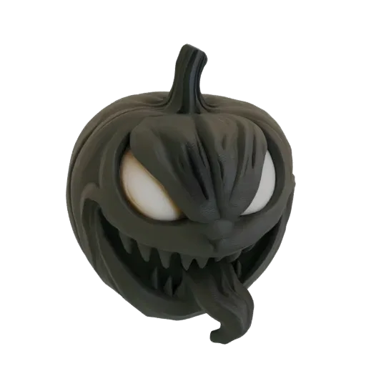 Ein 3D-Render eines dunklen, bedrohlichen Kürbis mit Venoms charakteristischem Grinsen, scharfen Zähnen und einer langen, ges