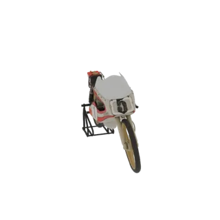 A 3D model of a vintage racing motorcycle with a white fairing, red accents, gold wheels, and the number 5 on a black stand.
