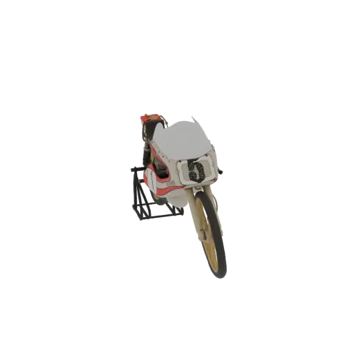 A 3D model of a vintage racing motorcycle with a white fairing, red accents, gold wheels, and the number 5 on a black stand.