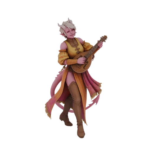 3D-Modell einer Tiefling-Barde mit pinker Haut, weißen Haaren, Hörnern und Schwanz, in gelb-orangefarbenem Outfit, spielt Man