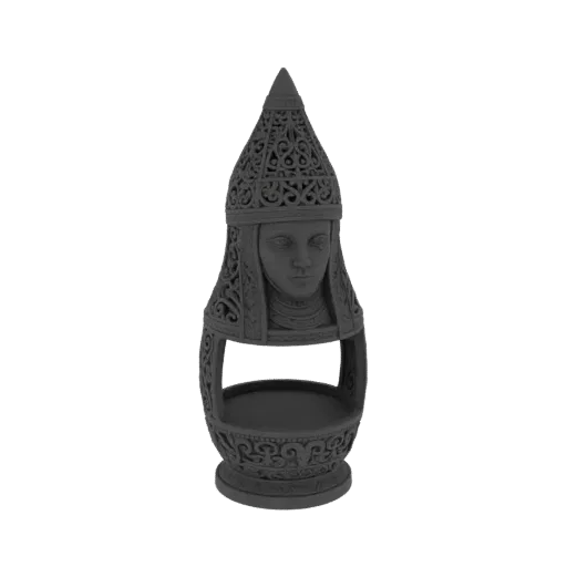 3D model of a gray, ornate medieval helmet bust with a detailed face and intricate carvings, presented against a black background.
