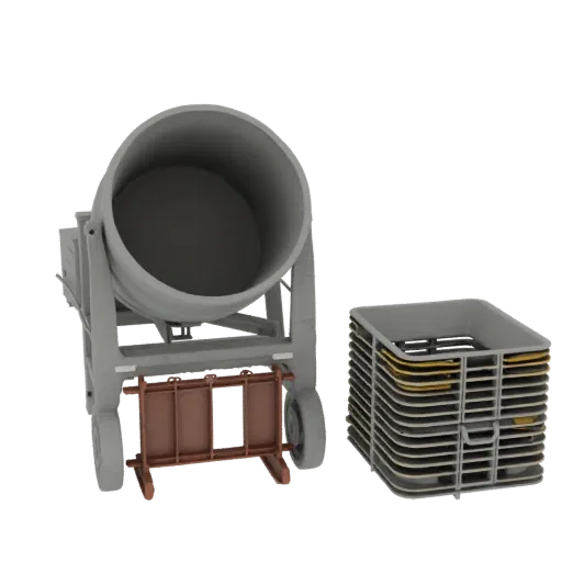 Temporary Concrete Mixer Printable 3D model, isometric STL render, showing concrete, site-ready silhouettes.
