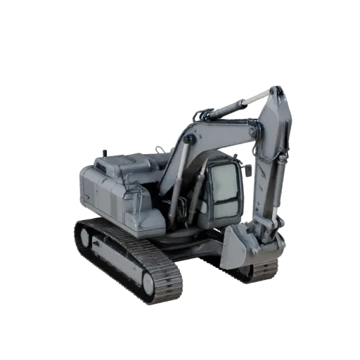 Bergbau-Bagger Produktvisualisierungs-3D-Modell, Drei-Viertel-Studio-Produkt-Render, zeigt lackierten Stahl, Formdetails.