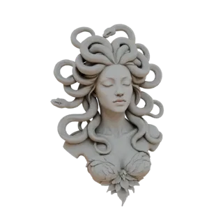 Rendering di un modello 3D di un busto di Medusa con dettagli di capelli di serpente e accenti floreali, presentato su sfondo