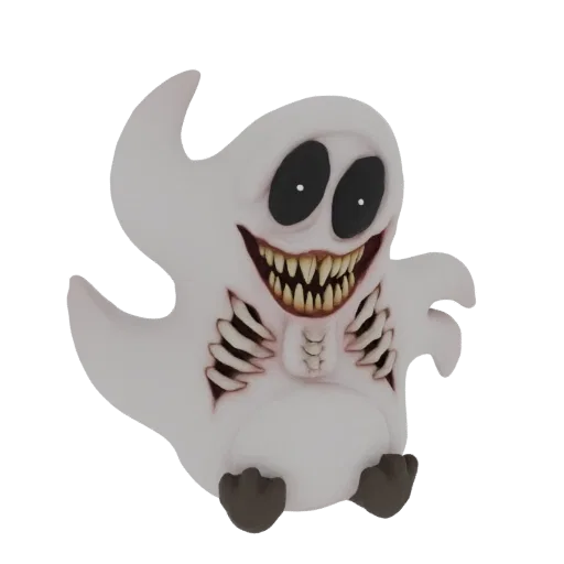 3D model of a white, spooky ghost with a visible ribcage, sharp teeth, and black eyes, sitting with its feet forward.