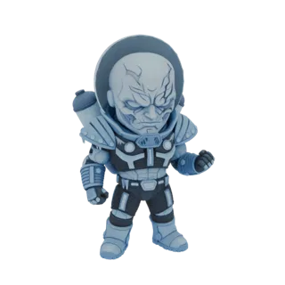 A 3D render of a chibi-style Mr. Freeze figure, with a large helmet, cryogenic suit, and a determined expression, set against