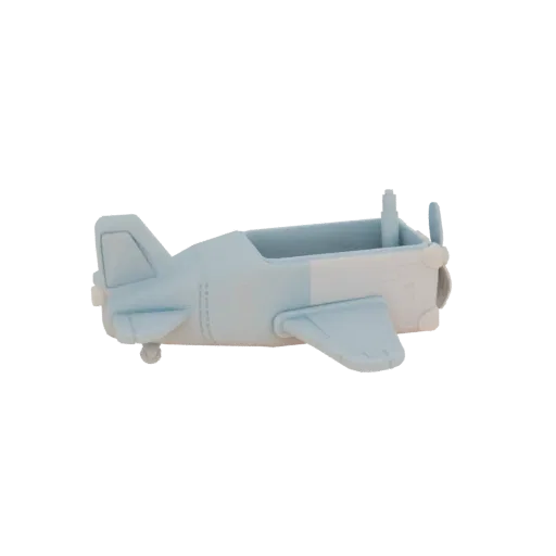 3D model of a light blue toy airplane with an open cockpit designed as a planter, shown from a side view against a black back
