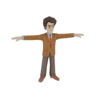 A 3D render of a cartoonish professor character in a T-pose, wearing a brown tweed jacket, glasses, and a red tie.