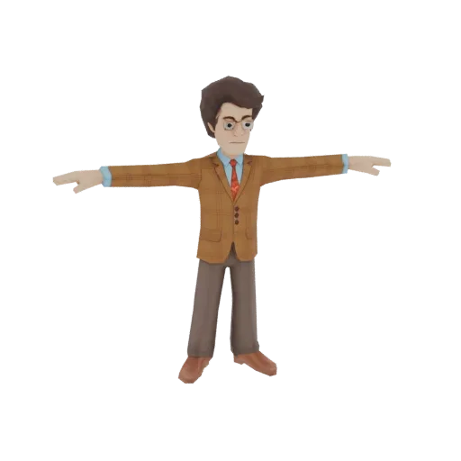 A 3D render of a cartoonish professor character in a T-pose, wearing a brown tweed jacket, glasses, and a red tie.