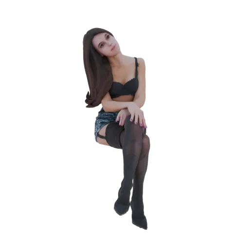Modelo 3D de mulher com sutiã preto e saia jeans, sentada com pernas cruzadas e mãos no colo.