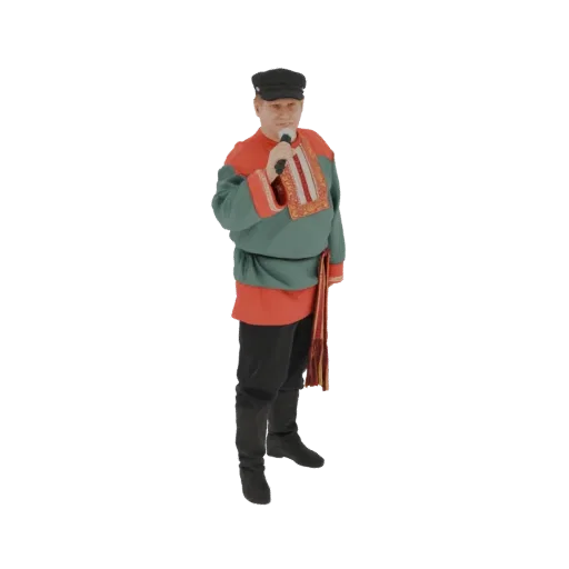 3D model of a man in a traditional green and red Russian costume, wearing a cap and holding a microphone.