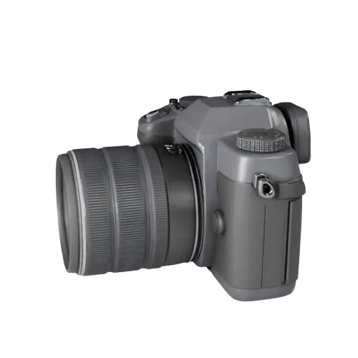 Cinema Instant Camera 3D model, three-quarter front view, Unity viewport, showing textured grips, lens barrels.